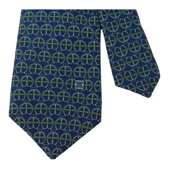 CELINE PARIS Blue Geometric Silk Tie Hand Made 56-3.1/4 EX COND